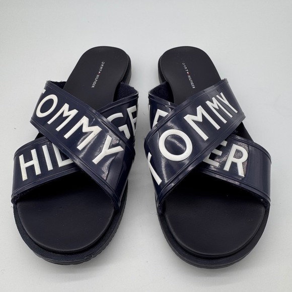 Tommy Hilfiger Women's Navy Blue Logo Slide Sandals 10M Summer Beach Basic - Picture 2 of 7